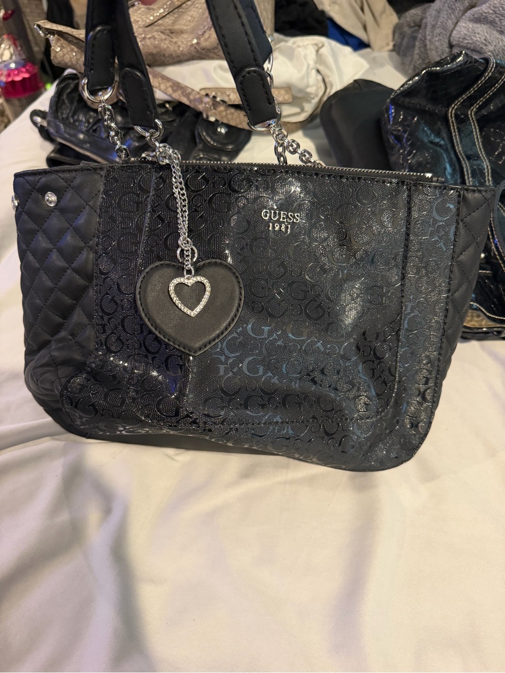 GUESS Black Quilted Logo Shoulder Tote with Heart Charm